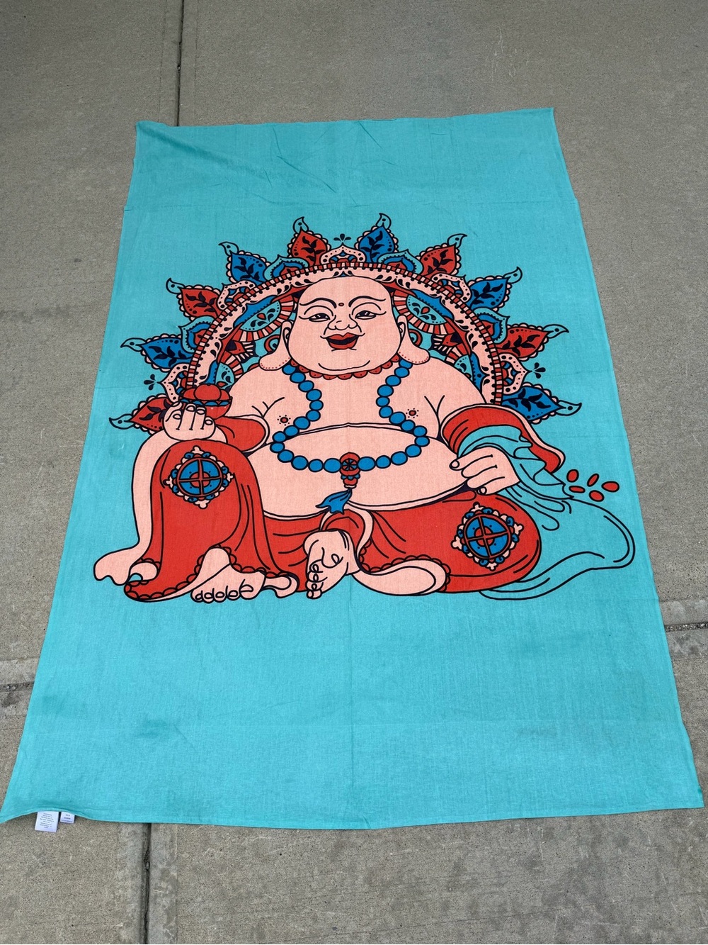 blue and orange spiritual buddha tapestry flag